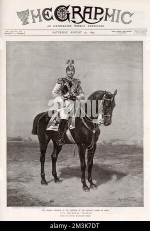 Kaiser Wilhelm II, imperatore tedesco (1859 - 1941) in uniforme della Garde du Corps prussiana, a cavallo. Data: 1895 Foto Stock