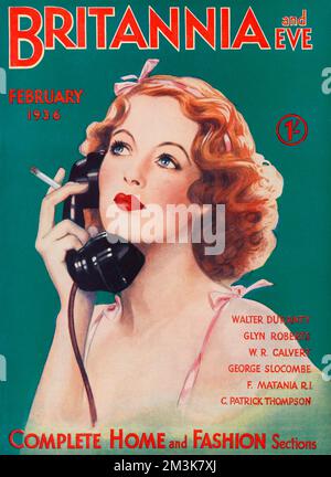 Illustrazione della copertina della rivista Britannia & Eve che mostra una giovane donna alla moda che fuma mentre parla al telefono. Data: 1936 Foto Stock