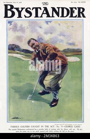 Il popolare professionista di Roehampton ha un'abitudine particolare di mettere con i suoi gomiti bene fuori. Inoltre dà al putter uno o due scatti rapidi unpward prima di colpire la sfera sul verde. Data: 1928 Foto Stock