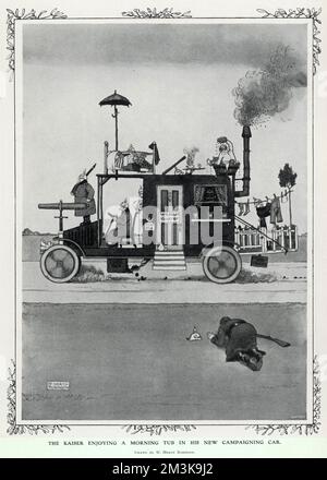 Il Kaiser godendosi una vasca di mattina nella sua nuova automobile di campagna durante la prima guerra mondiale. Un metodo di trasporto tipicamente convoluto da W.Heath Robinson. Data: 1914 Foto Stock