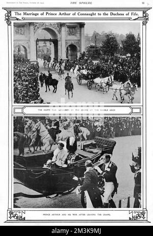 ARTHUR PRINCIPE DI CONNAUGHT dopo il suo matrimonio con il suo secondo cugino, Alexandra, Duchessa di Fife. Lasciando la Chapel Royal, St.James's in una carrozza aperta. Date: 1883 - 1938 Foto Stock