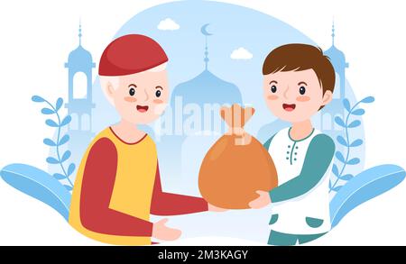 Bambini musulmani dare ALMS, Zakat o InFAQ donazione a una persona che ne ha bisogno in Cartoon poster piatto modelli disegnati a mano Illustrazione Illustrazione Vettoriale