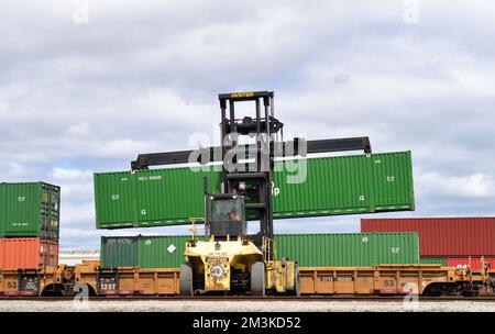 Franklin Park, Illinois, Stati Uniti. Un dispositivo di sollevamento a forche che accede alle unità container a bordo di un treno merci in una struttura intermodale in un cantiere ferroviario. Foto Stock