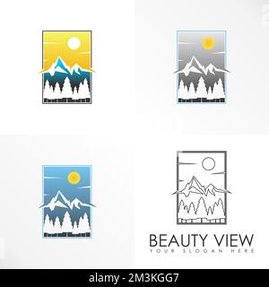 Bellezza vista montagna in quadrato immagine grafica icona logo disegno astratto concetto vettore stock. Può essere utilizzato come simboli relativi all'avventura o al paesaggio Illustrazione Vettoriale