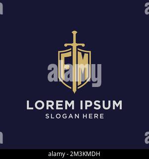 Logo FM monogramma iniziale con scudo e spade design idee Illustrazione Vettoriale