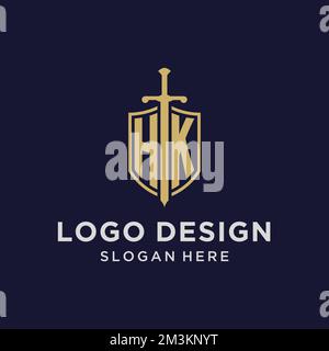 Monogramma iniziale del logo HK con idee di design di shield e sword Illustrazione Vettoriale