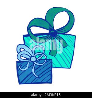 Illustrazione disegnata a mano della scatola regalo blu viola con arco a nastro. Simpatico divertente festeggiamento compleanno decorazione festa, festivo saluto decorazione, colorato vendita concetto evento Foto Stock