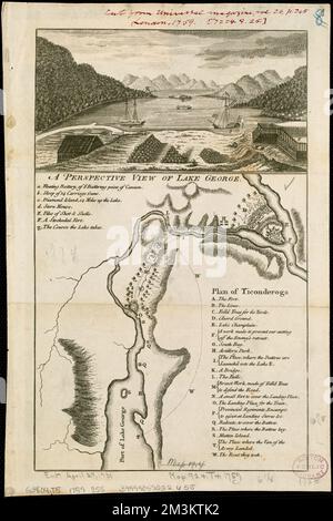 Vista prospettica del lago George : piano di Ticonderoga , George, Lago N.Y. : Lago, vedute aeree, prime opere del 1800, Ticonderoga N.Y., Storia, Guerra Francese e Indiana, 1754-1763, Mappe Norman B. Leventhal Map Center Collection Foto Stock