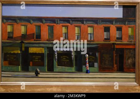 Una vista chiusa della 'Early Sunday Morning' 1930 di Edward Hopper mostra nella mostra di Edward Hopper's New York nel Whitney Museum of American Art.Manhattan.New York City.USA Foto Stock