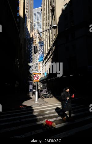 Un uomo che tiene una tazza di caffè rossa che cammina un cane che indossa una giacca rossa che attraversa la strada in Financial District.Manhattan.New York City.USA Foto Stock