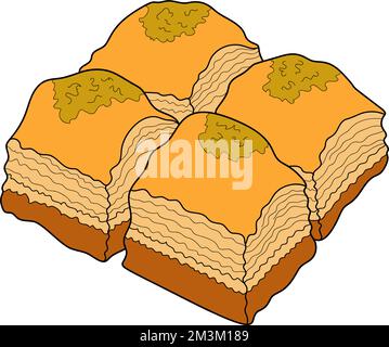 Il baklava è un dessert di pasticceria a strati. Cibo tradizionale bulgaro. Illustrazione vettoriale disegnata a mano. Elemento di design per il menu cafè, bistro, ristorante. Illustrazione Vettoriale