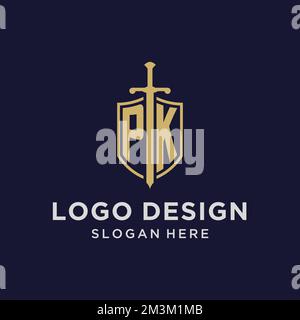 Monogramma iniziale con logo PK con idee di design con scudo e spada Illustrazione Vettoriale