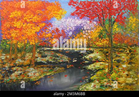 Dipinto ad olio del fiume d'inverno che scorre attraverso la colorata foresta autunnale Foto Stock