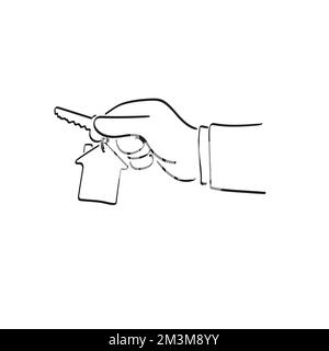 linea arte primo piano mano di imprenditore azienda casa chiave illustrazione vettore mano disegnata isolato su sfondo bianco Illustrazione Vettoriale