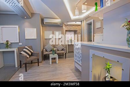 Design interno di un piccolo hotel boutique di lusso, area reception della lobby con posti a sedere Foto Stock