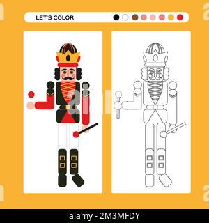 Nutcracker Natale colorazione pagina. Gioco educativo per bambini in design piatto e di contorno. Libro da colorare invernale. Buon Natale e Felice Anno Nuovo. Inverno Illustrazione Vettoriale