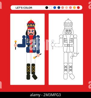 Nutcracker Natale colorazione pagina. Gioco educativo per bambini in design piatto e di contorno. Libro da colorare invernale. Buon Natale e Felice Anno Nuovo. Inverno Illustrazione Vettoriale