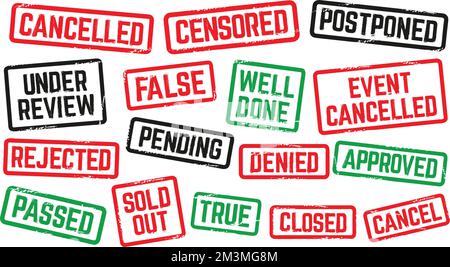 Cartello con timbro in gomma. Evento annullato, esaurito e iscrizione stencil chiusa con texture grunge. Set di vettori rinviato, approvato e negato Illustrazione Vettoriale
