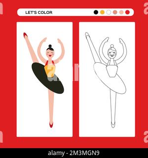 Ballerina Nutcracker girl. Pagina Ballet coloring . Gioco educativo per bambini in design piatto e di contorno. Libro da colorare invernale. Vettore Illustrazione Vettoriale