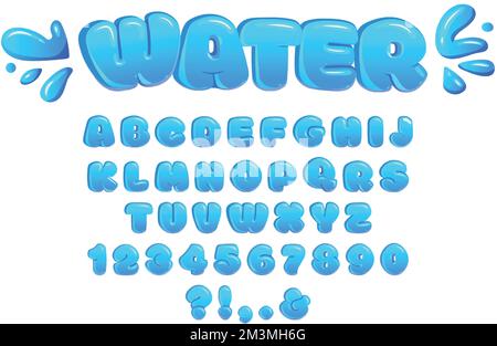 Carattere bolla d'acqua. Le lettere lucide, l'alfabeto chubby e le gocce d'acqua gonfiate i numeri visualizzano il vettore del cartoon del carattere del carattere Illustrazione Vettoriale