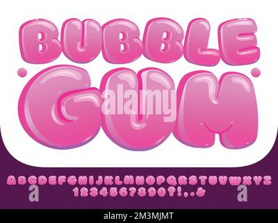 Carattere gomma bolla. Le lettere di chubby rosa dolce, i numeri di caramelle lollipop lucido e le bolle divertenti dell'alfabeto visualizzano il set del vettore del typeface Illustrazione Vettoriale