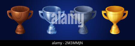 Set di coppe vincitrici in legno, metallo, pietra e oro isolate sullo sfondo. Illustrazione vettoriale dei diversi trofei di rango. Raccolta di g Illustrazione Vettoriale