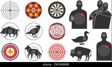 Obiettivi di tiro. Silhouette animale, umano armato e bersaglio di ostaggio per il campo di tiro. Stampe con Bullseye per la caccia pratica vettore set di destinazione Illustrazione Vettoriale