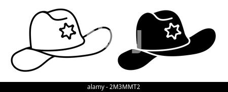 Icona lineare, sceriffo, cappello da cowboy con icona brima piegata. Cowboy americano headdress o sparatutto selvaggio West. Semplice vettore bianco e nero isolato su cui Illustrazione Vettoriale