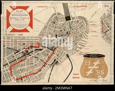 Piano che mostra la località della formazione e il percorso della processione dei Cavalieri Templari, 27 agosto 1895 : pubblicato per il Comitato Triennale di Boston, Messa, parate, Massachusetts, Boston, Mappe, Boston Mass., Mappe, Cavalieri Templari Ordine Masonico. Grande Messa della Commenda e R.I.. Conclave triennale Norman B. Leventhal Map Center Collection Foto Stock