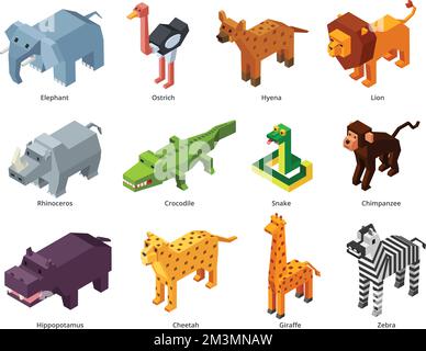 Animali africani isometrici. Basso polizoo, alligatore poligonale, leone e giraffa. Scimmia, serpente, elefante giocattolo e zebra 3D gioco vettore set di africano è Illustrazione Vettoriale