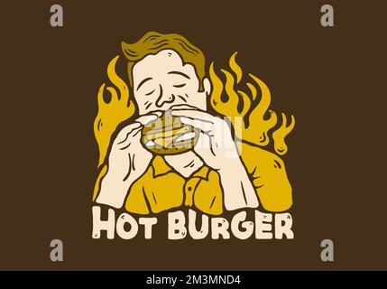 Illustrazione disegno di un uomo che mangia hamburger Illustrazione Vettoriale