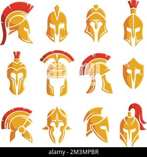 Casco da guerriero spartano. Protezione testa gladiatore greco, armatura da battaglia romana e caschi troia silhouette set vettore di casco guerriero e sol greco Illustrazione Vettoriale