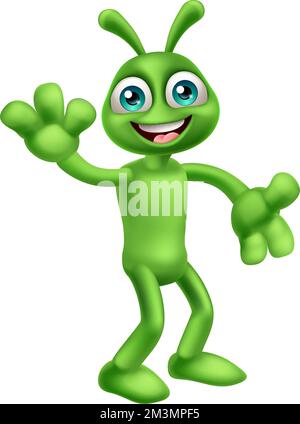 Alieno cute Little Green Man Martian Cartoon Mascot Illustrazione Vettoriale