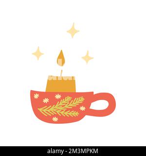 Natale festivo candela in candela rossa con stampa di abete rosso ramoscello e fiocchi di neve. Vettore colorato isolato illustrazione doodle disegnato a mano. Illustrazione Vettoriale