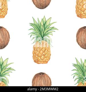 Acquerello frutti tropicali senza cuciture modello. Carta digitale per ananas, carta da imballaggio al cocco. Disegno tessile, illustrazione del cibo estivo, disegno a mano ex Foto Stock