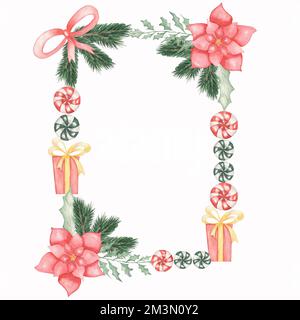 Acquerello mano disegnata corona di Natale ofpoinsettia pianta, bacche, foglie, rametto di conifere, caramelle e regali di natale. Foto Stock