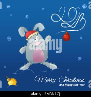 Carta blu di Natale e Capodanno con coniglietto e palloncini. Fiocchi di neve e l'iscrizione 2023. EPS10. Testo. Inviti. Complimenti. Illustrazione Vettoriale