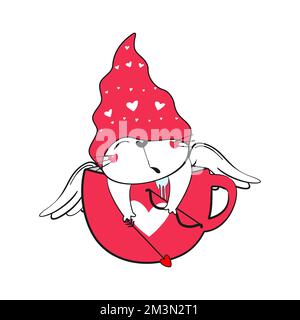 Carino cupido doodle gatto. Illustrazione di San Valentino. Illustrazione Vettoriale
