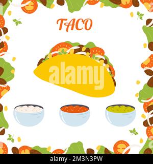 Taco in stile cartoon piatto. Illustrazione vettoriale disegnata a mano di cibo messicano tradizionale, piatto latino-americano per banner, volantino, poster Illustrazione Vettoriale