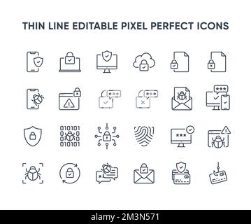Icone di linee vettoriali per la sicurezza informatica. Collezione di icone per la privacy e la protezione di Internet. Simboli di protezione della rete di computer e smartphone. Icone modificabili Illustrazione Vettoriale