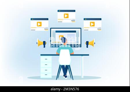 Video marketing e pubblicità concetto. Vettore di una donna che lavora al computer creando contenuti video online e caricando online Illustrazione Vettoriale