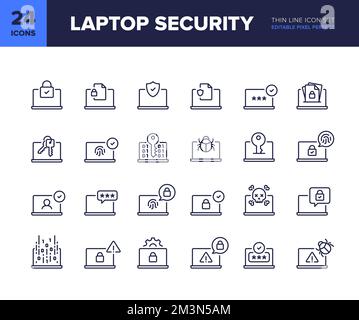 Set di icone della linea vettoriale di sicurezza del laptop. Raccolta di icone sulla privacy e la protezione del computer. Simboli di sicurezza della rete del notebook. Pixel Perfect modificabile Illustrazione Vettoriale