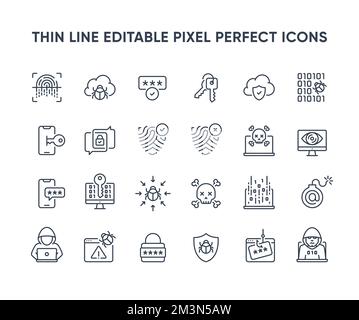 Icone di linee vettoriali per la sicurezza informatica. Collezione di icone per la privacy e la protezione di Internet. Simboli di protezione della rete di computer e smartphone. Icone modificabili Illustrazione Vettoriale