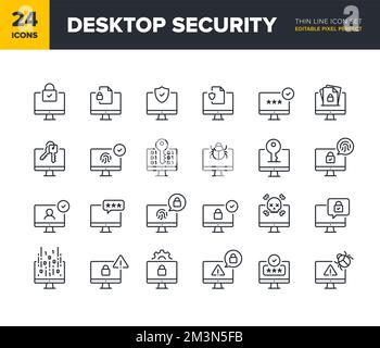 Set di icone della linea vettoriale di protezione del desktop. Raccolta di icone sulla privacy e la protezione del computer. Simboli di protezione della rete del computer. Pixel Perfect modificabile Illustrazione Vettoriale
