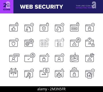 Set di icone della linea del vettore di protezione Web. Privacy del sito web e protezione dei dati personali raccolta di icone. Simboli di sicurezza Internet delle pagine Web. Icone modificabili Illustrazione Vettoriale