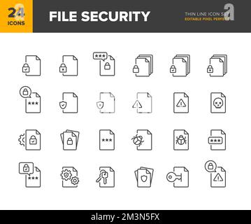 Set di icone della linea vettoriale di protezione file. Raccolta di icone di protezione del documento. Diverse variazioni del simbolo di protezione del file. Pixel Perfect modificabile Illustrazione Vettoriale