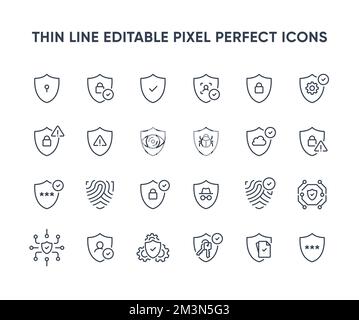 Icone delle linee vettoriali di protezione. Collezione di icone di protezione schermo e lucchetto. Diverse variazioni del simbolo di protezione. Pixel Perfect modificabile Illustrazione Vettoriale