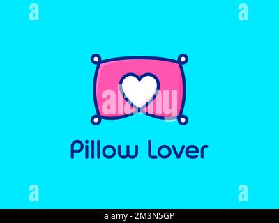 Concetto di logo pillow-lover. Simbolo del cuore all'interno del logo Pillow. Cuscino piatto e divertente, blu chiaro e rosa con logo a forma di cuore. Logo vettoriale Illustrazione Vettoriale