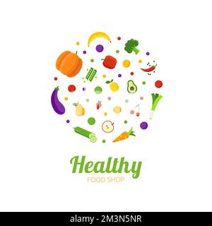 Design logo del negozio di alimenti sani. Circolo di alimenti sani con diverse icone di frutta e verdura. Logo astratto per negozio biologico, caffè vegetariano. Vegano Illustrazione Vettoriale