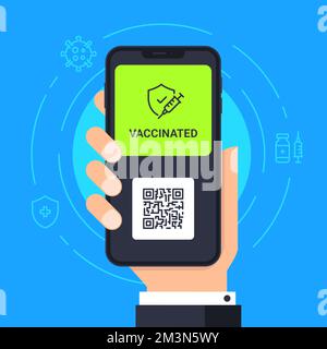 Notifica vaccinata sullo smartphone. Vaccinazione approvata. Passaporto sanitario digitale su smartphone. Certificato COVID-19 sullo schermo del telefono cellulare Illustrazione Vettoriale